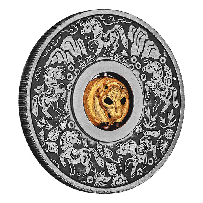 2026 1oz Tuvalu Year of the Horse Rotating Charm .9999 Silver Antiqued Gilded Coin