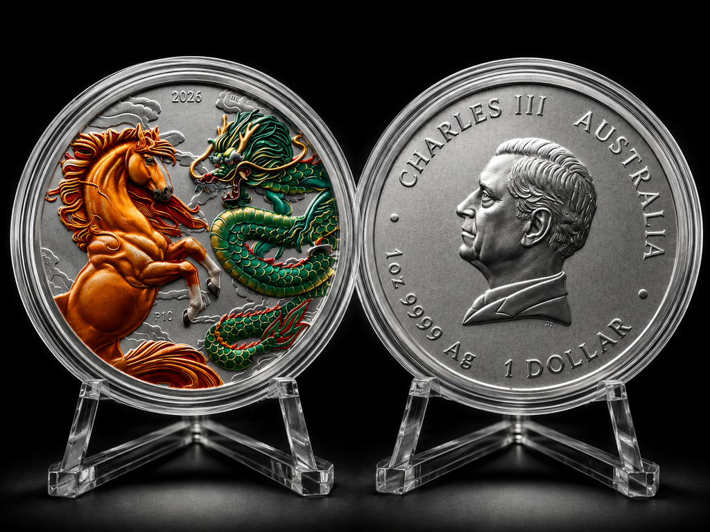2026 1oz Australia Chinese Myths and Legends - Dragon and Horse Fire and Earth .9999 Silver Coloured BU Coin