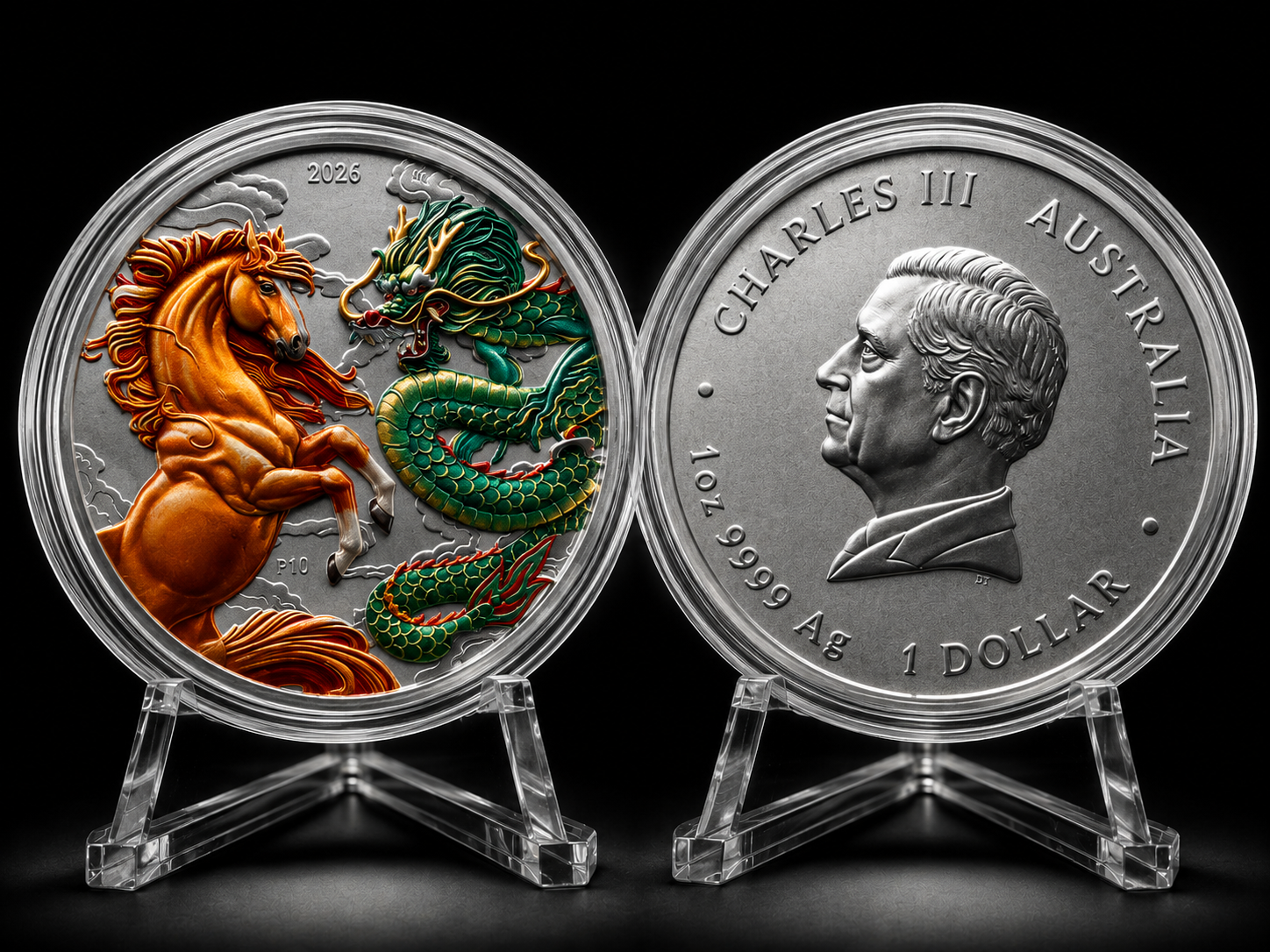 2026 1oz Australia Chinese Myths and Legends - Dragon and Horse Fire and Earth .9999 Silver Coloured BU Coin