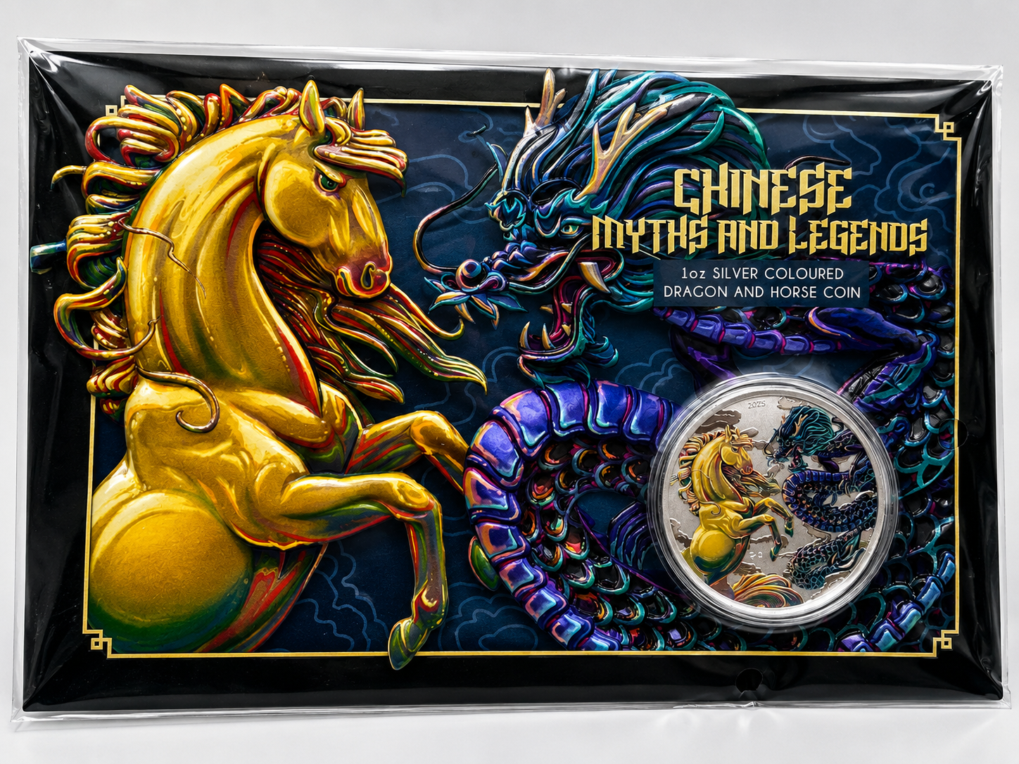 2026 1oz Australia Chinese Myths and Legends - Dragon and Horse Opalite .9999 Silver Coloured BU Coin (in Card)