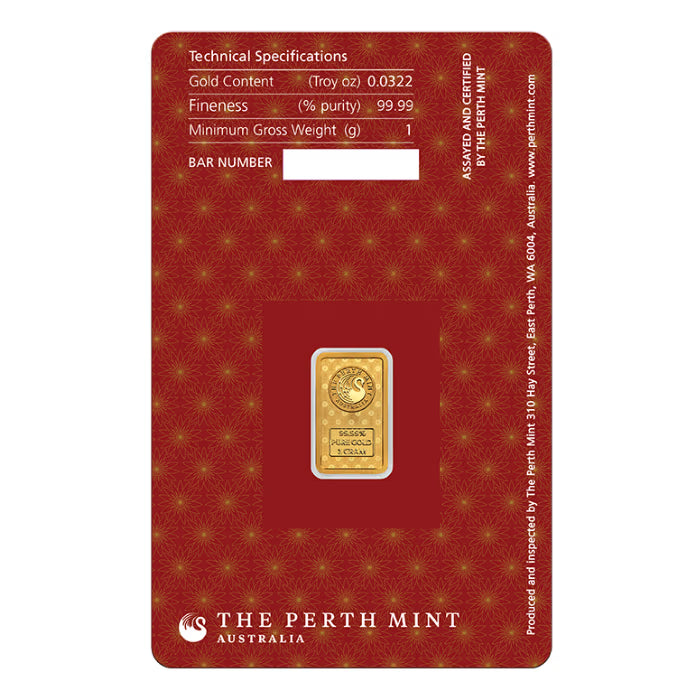 1 gram Perth Mint Diwali Lakshmi .9999 Gold Bar (in Assay)