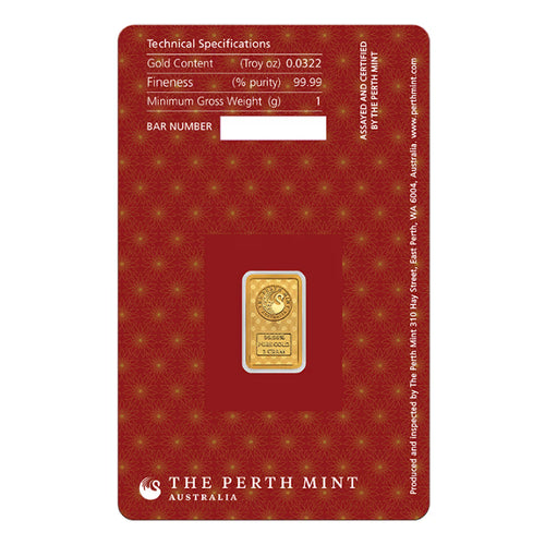 1 gram Perth Mint Diwali Lakshmi .9999 Gold Bar (in Assay)