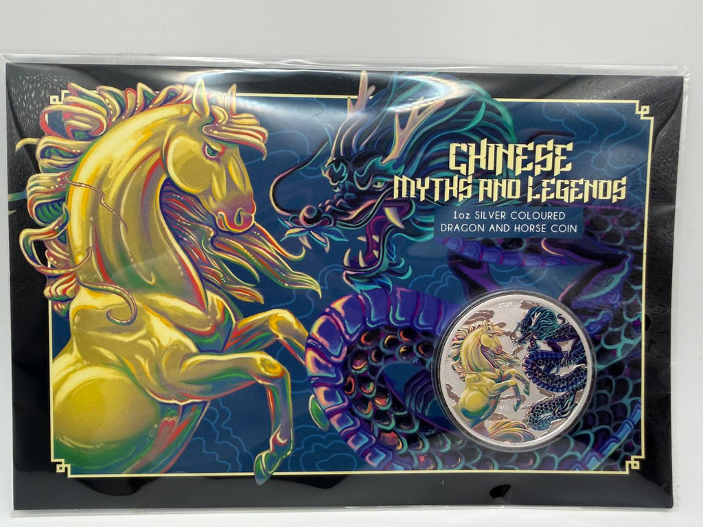 2026 1oz Australia Chinese Myths and Legends - Dragon and Horse Opalite .9999 Silver Coloured BU Coin (in Card)