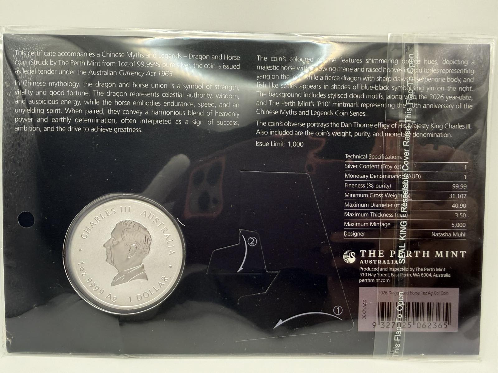 2026 1oz Australia Chinese Myths and Legends - Dragon and Horse Opalite .9999 Silver Coloured BU Coin (in Card)