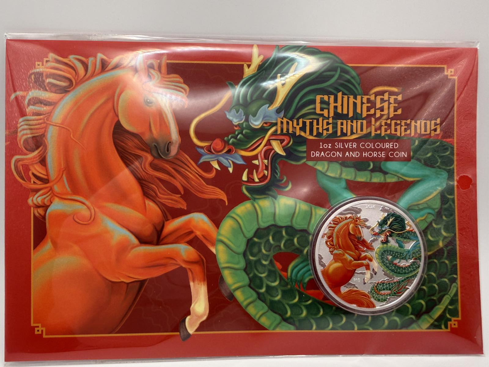 2026 1oz Australia Chinese Myths and Legends - Dragon and Horse Fire and Earth .9999 Silver Coloured BU Coin (in Card)
