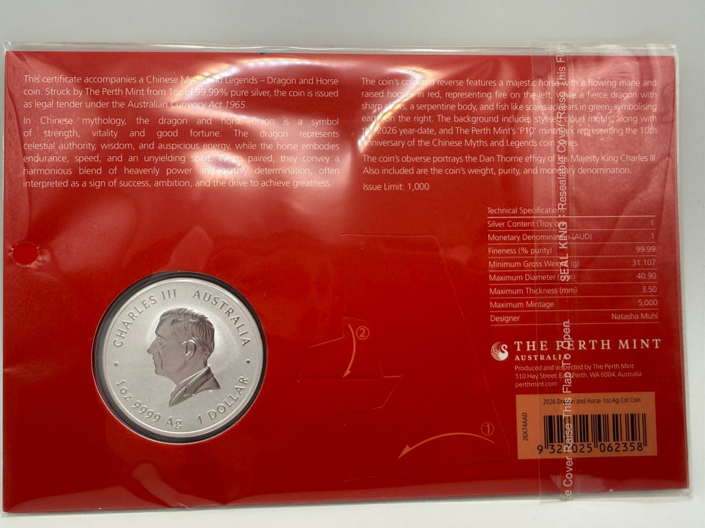 2026 1oz Australia Chinese Myths and Legends - Dragon and Horse Fire and Earth .9999 Silver Coloured BU Coin (in Card)
