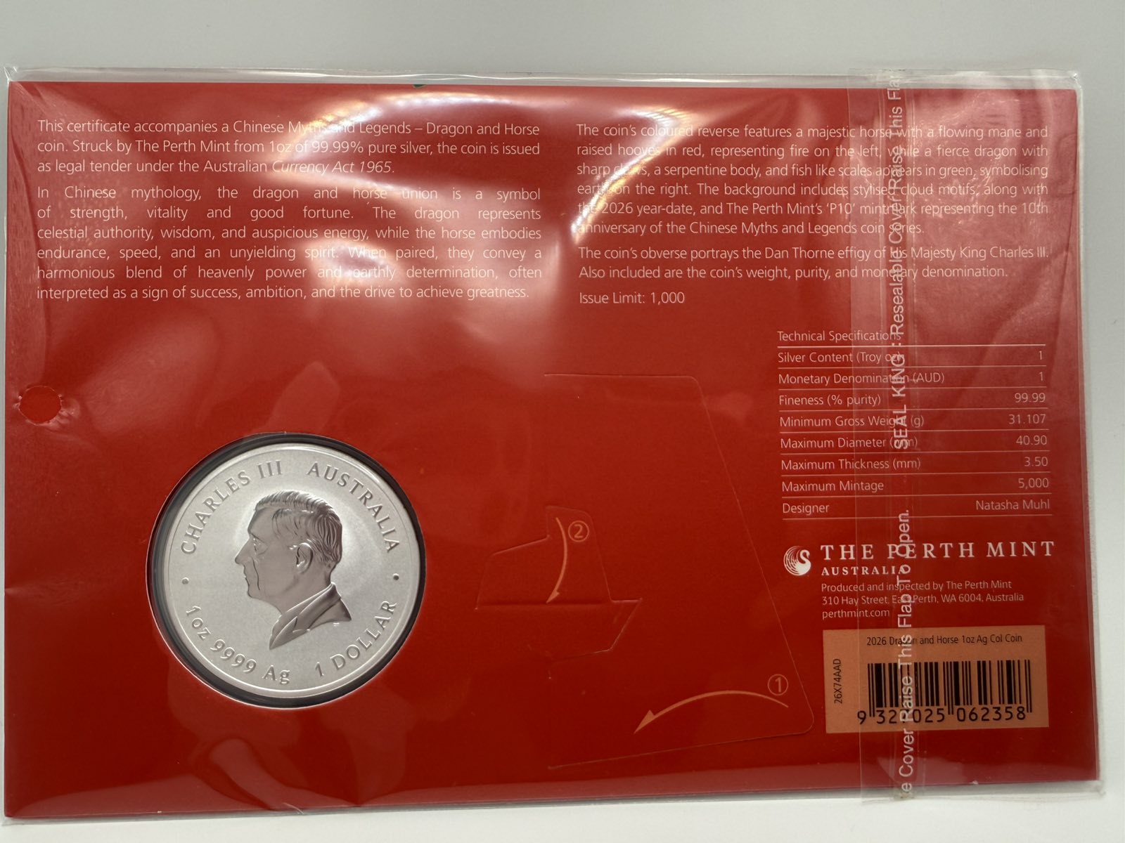 2026 1oz Australia Chinese Myths and Legends - Dragon and Horse Fire and Earth .9999 Silver Coloured BU Coin (in Card)