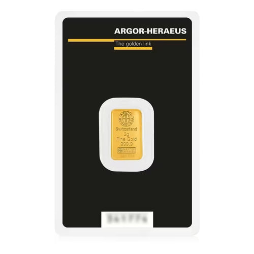 2 gram Argor Heraeus .9999 Gold Kine Bar