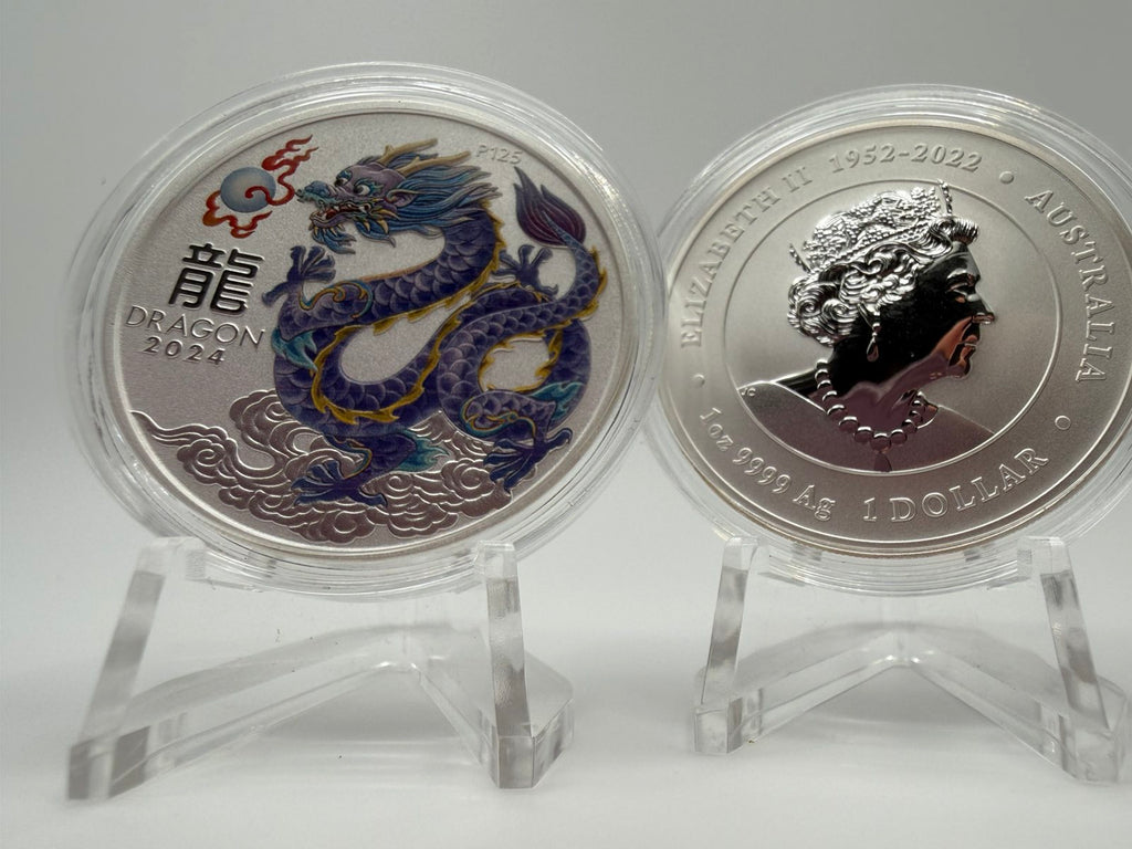 2024 1oz Australia Lunar Series III - Year of the Dragon- Lilac Dragon .9999 Silver Coloured BU Coin ( in Capsule)