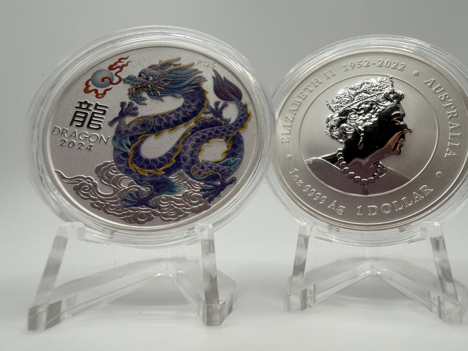 2024 1oz Australia Lunar Series III - Year of the Dragon- Lilac Dragon .9999 Silver Coloured BU Coin ( in Capsule)