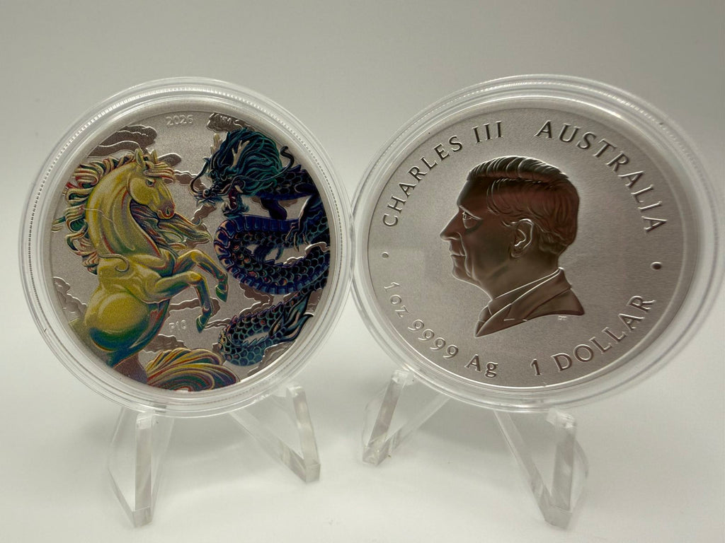 2026 1oz Australia Chinese Myths and Legends - Dragon and Horse Opalite .9999 Silver Coloured BU Coin