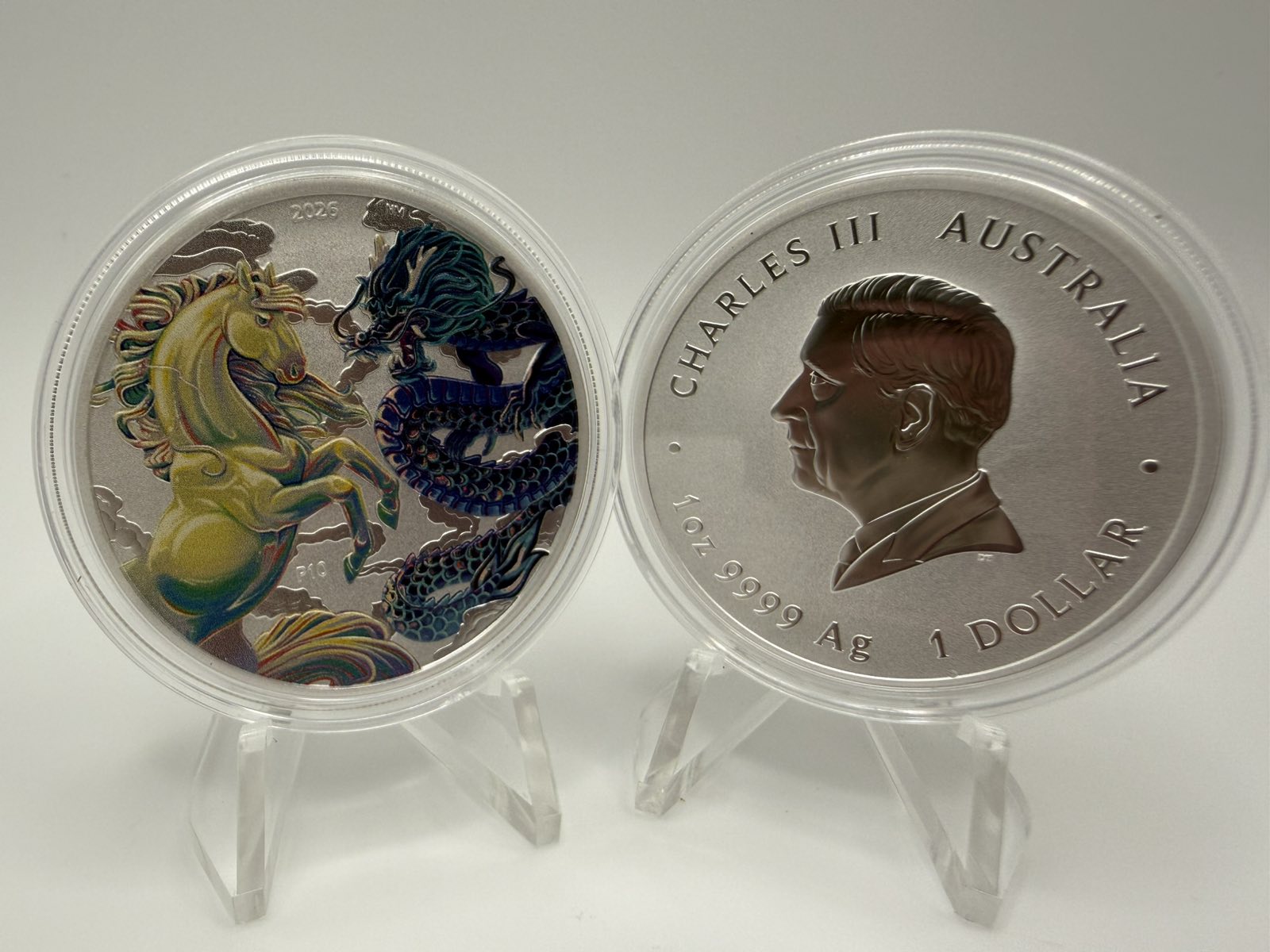 2026 1oz Australia Chinese Myths and Legends - Dragon and Horse Opalite .9999 Silver Coloured BU Coin