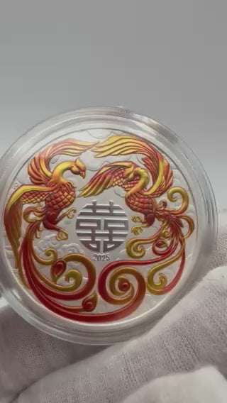 Skip to the end of the images gallery Skip to the beginning of the images gallery 2025 1oz Australia Chinese Myths and Legends - Double Phoenix Red .9999 Silver Coloured BU Coin