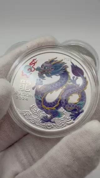 2024 1oz Australia Lunar Series III - Year of the Dragon- Lilac Dragon .9999 Silver Coloured BU Coin ( in Capsule)