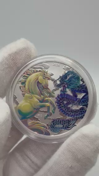 2026 1oz Australia Chinese Myths and Legends - Dragon and Horse Opalite .9999 Silver Coloured BU Coin