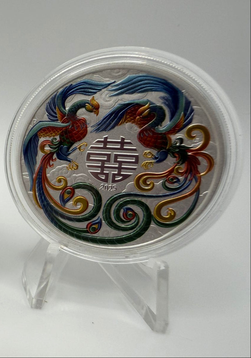 2025 1oz Australia Chinese Myths and Legends - Double Phoenix Vivid .9999 Silver Coloured BU Coin