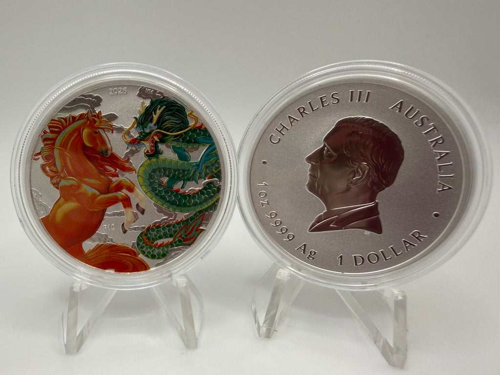 2026 1oz Australia Chinese Myths and Legends - Dragon and Horse Fire and Earth .9999 Silver Coloured BU Coin