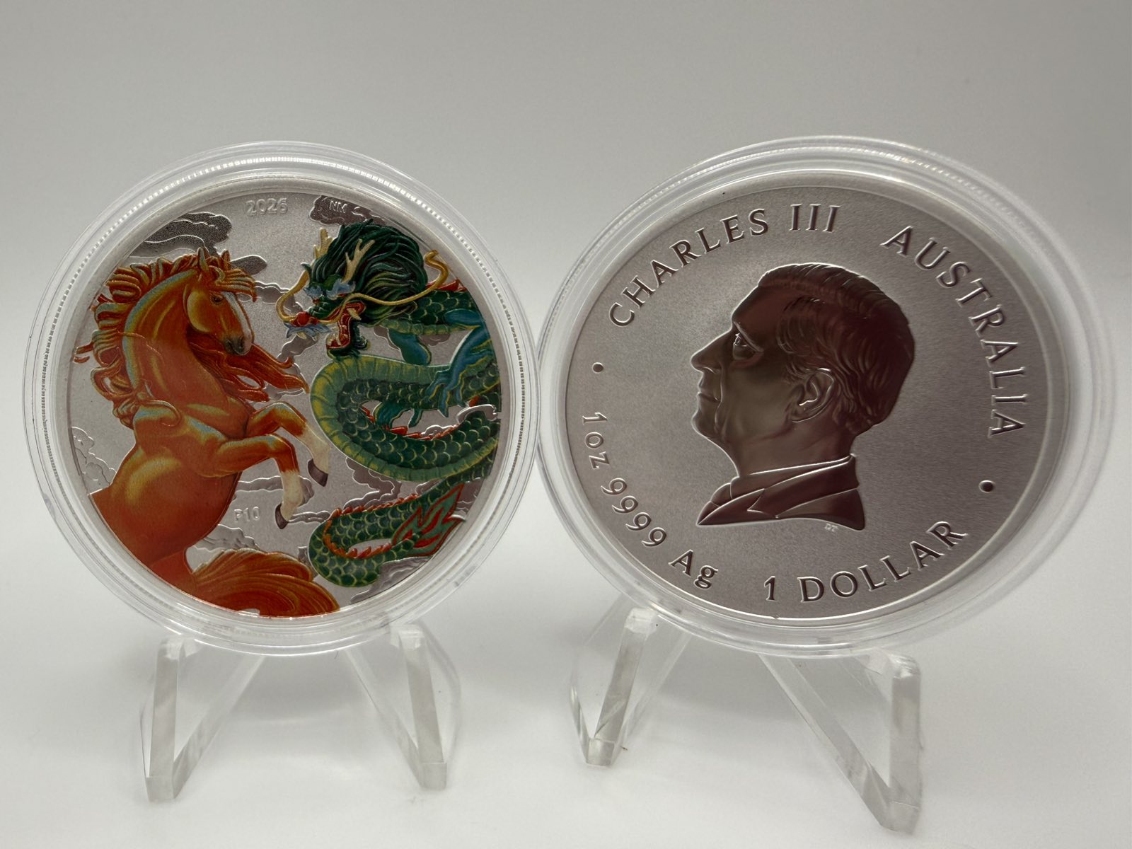 2026 1oz Australia Chinese Myths and Legends - Dragon and Horse Fire and Earth .9999 Silver Coloured BU Coin
