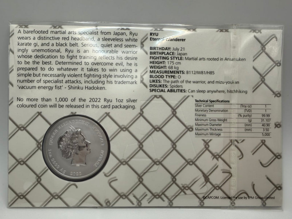 2022 1oz Tuvalu Street Fighter - Ryu .9999 Silver Coloured Coin in Card