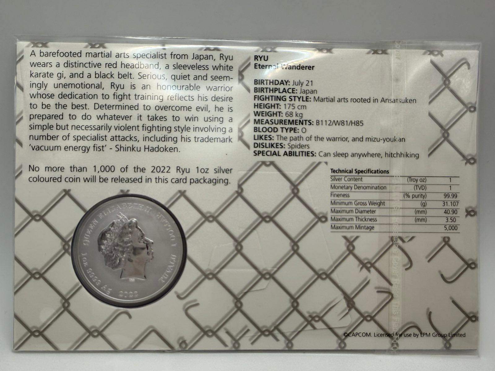 2022 1oz Tuvalu Street Fighter - Ryu .9999 Silver Coloured Coin in Card